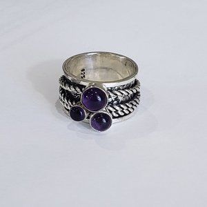 Amethyst ring, 925 silver amethyst 3 rope wide band spinner ring